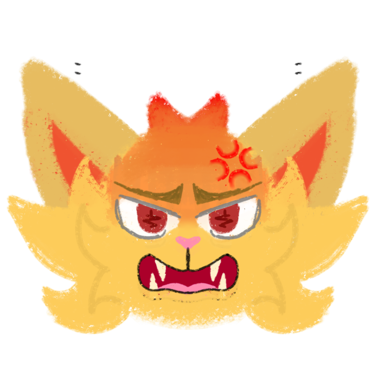 a cartoon-style drawing of an yellow/orange cat with a very angry expression. It has furrowed eyebrows, sharp teeth bared, and fiery red eyes. The cat's ears are also pointed upwards, indicating its aggression.